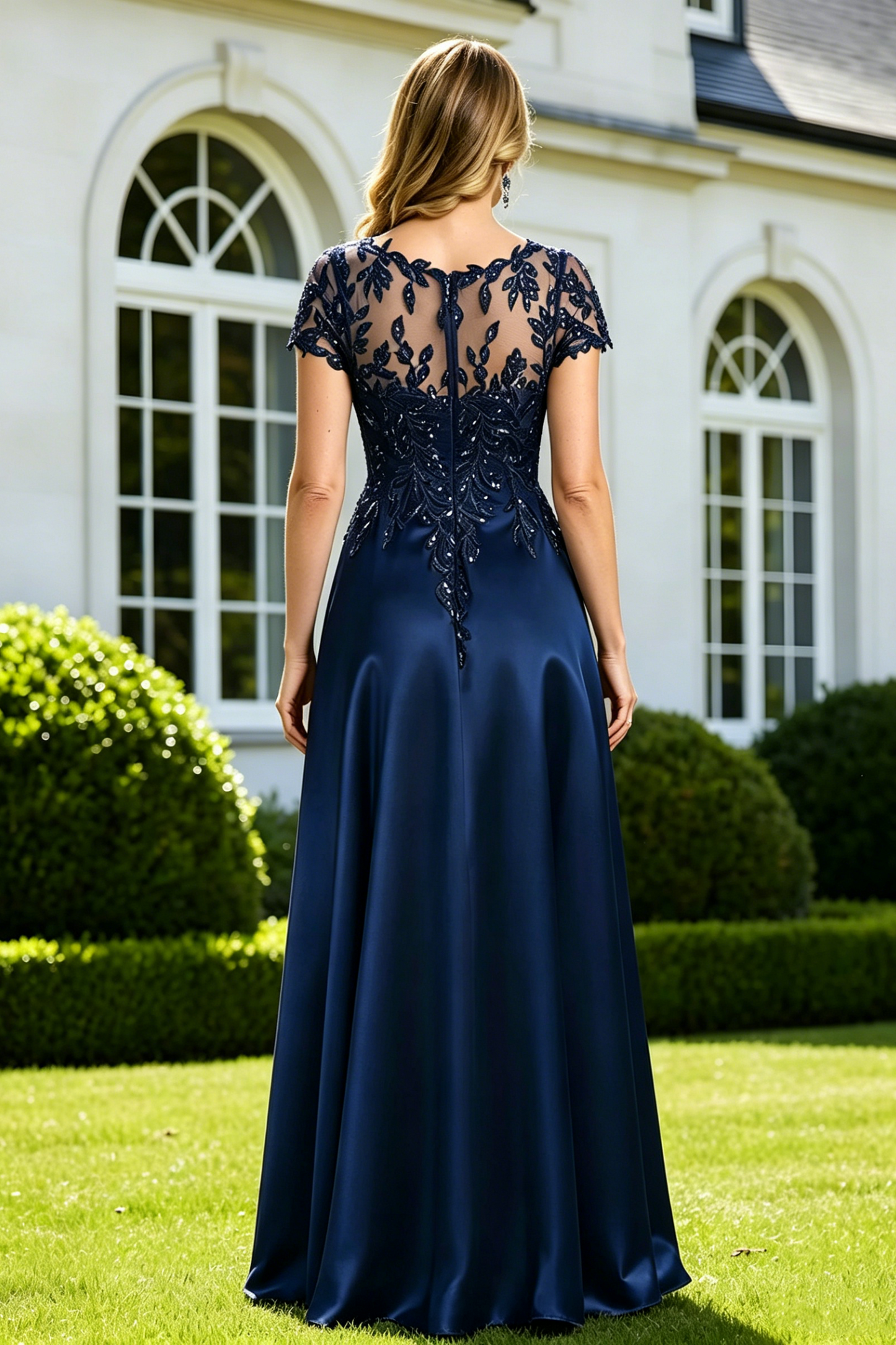 Round Short Sleeves A-Line Lace Appliques Satin Mother Of The Bride Dress