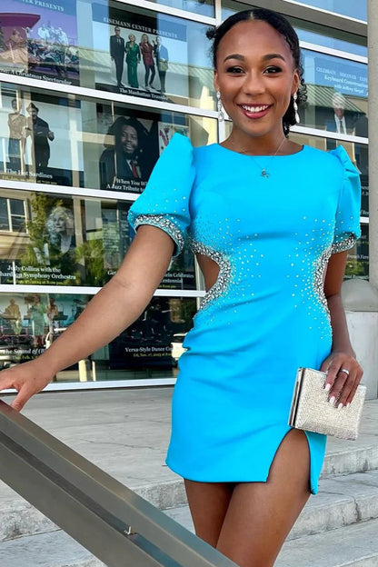 Round Short Sleeves Empire Beaded Satin Fitted Homecoming Dress