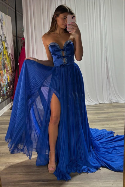Royal Blue Strapless Beaded Two Tone Party Prom Dress