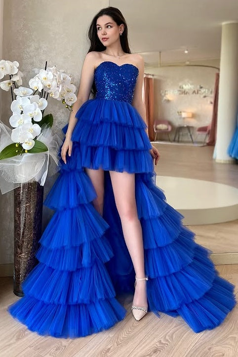 Royal Blue Sweetheart Empire High Low Tiered Party Prom Dress
