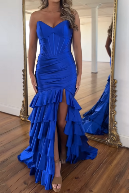 Royal Blue V-Neck Strapless Tiered Long Prom Dress