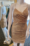 Ruched Golden Sequin Tight Short Prom Dress Cocktail Gown