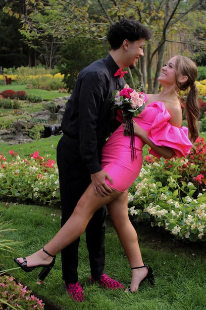 Ruffle Off-Shoulder Bodycon Satin Homecoming Dress