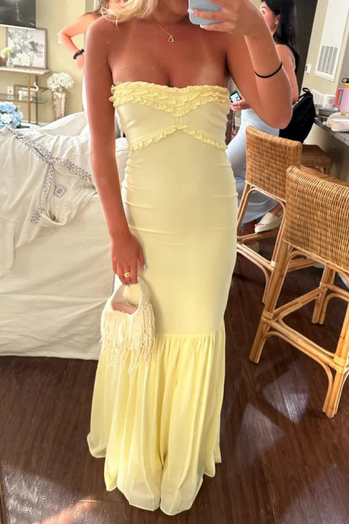 Ruffle Strapless Chiffon Mermaid Long Party Prom Dress