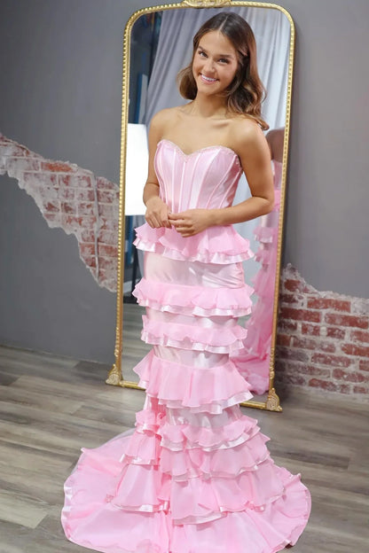 Ruffle Tiered Mermaid Satin And Chiffon Strapless Prom Dress