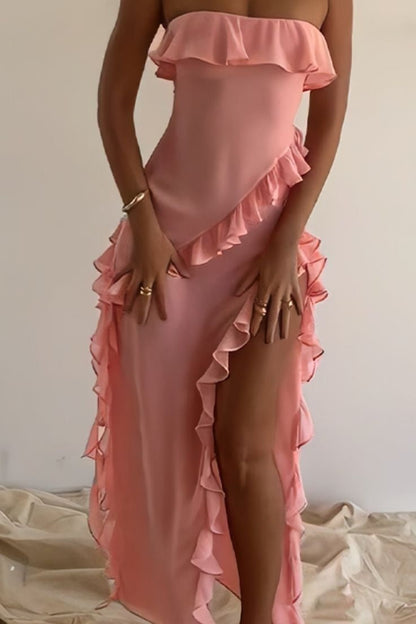 Ruffled Strapless Empire Party Prom Dress With Slit
