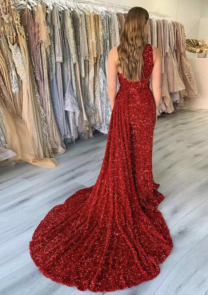 Sparkly Red Mermaid Prom Dress with Slit Long Evening Gowns