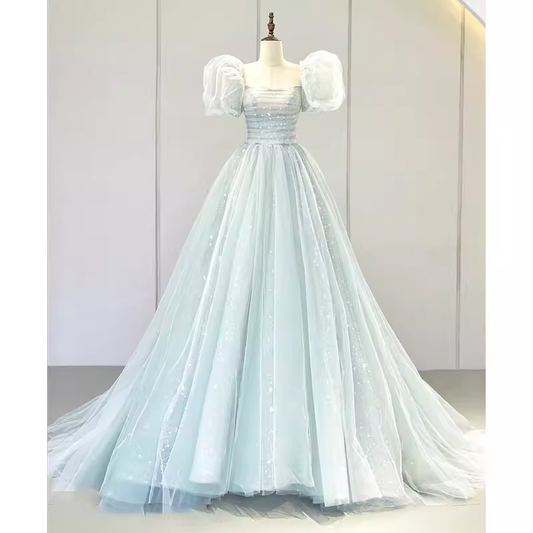 Pretty Ball Gown Square Neckline Short Sleeves Long Evening Party Dress Prom Dresses PD0040
