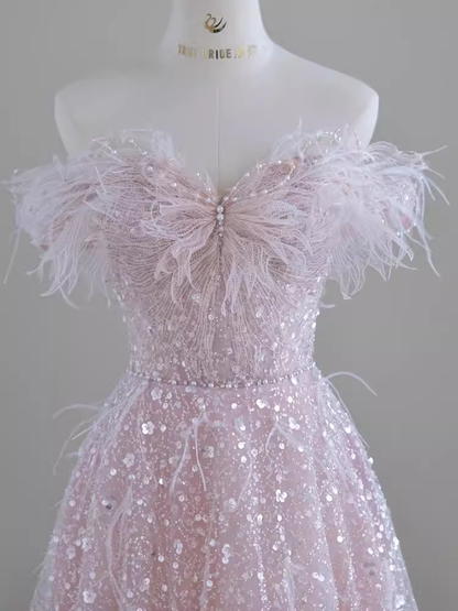 Pretty A line Off The Shoulder Pink Sequin Long Evening Party Dress Prom Dresses PD0045