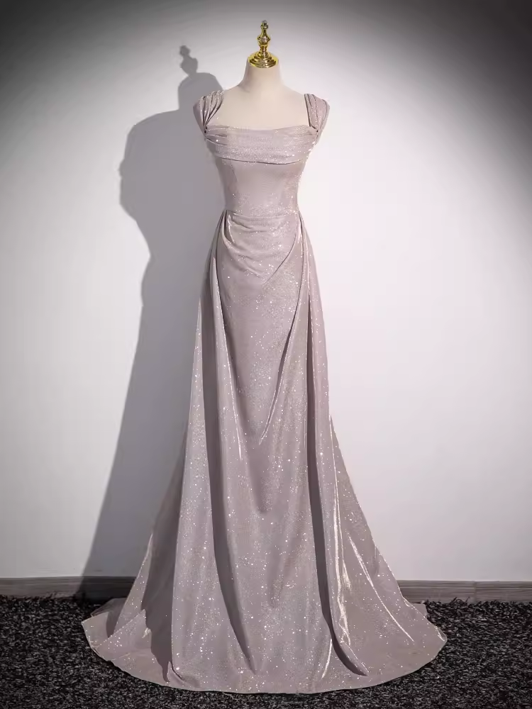 Pretty A line Square Neckline Sleeveless Long Evening Party Dress Pink Prom Dresses PD0055