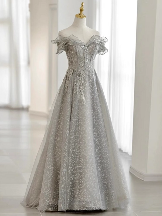 Pretty A line Off The Shoulder Sequin Long Evening Party Dress Prom Dresses PD0056