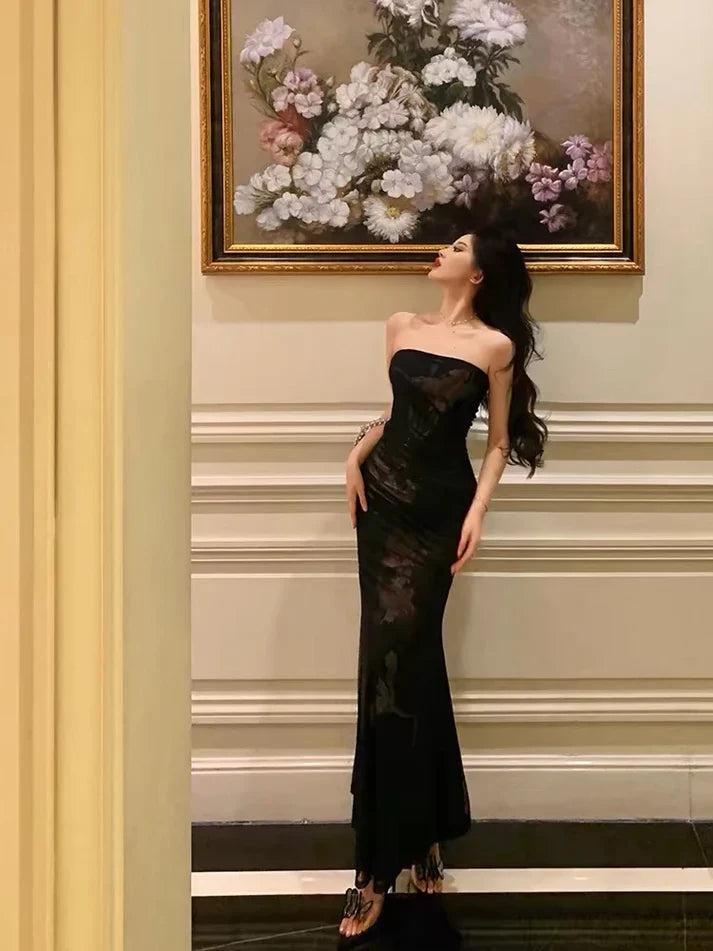 Vintage Black Strapless Floral Applique Design Elegant Sheath Evening Dress Prom Dress TP4110