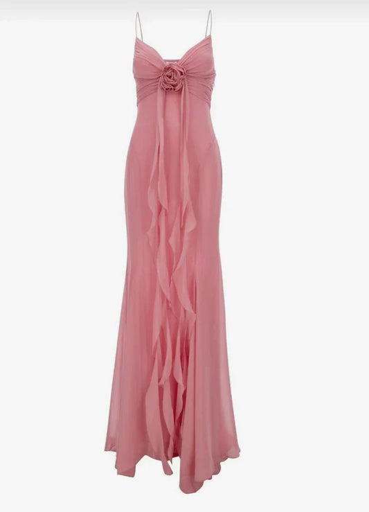 girlhomeshops-- Chic Pink Romantic Elegant Long Chiffon Wedding Guest Dress Party Dress Birthday Dress gh5566