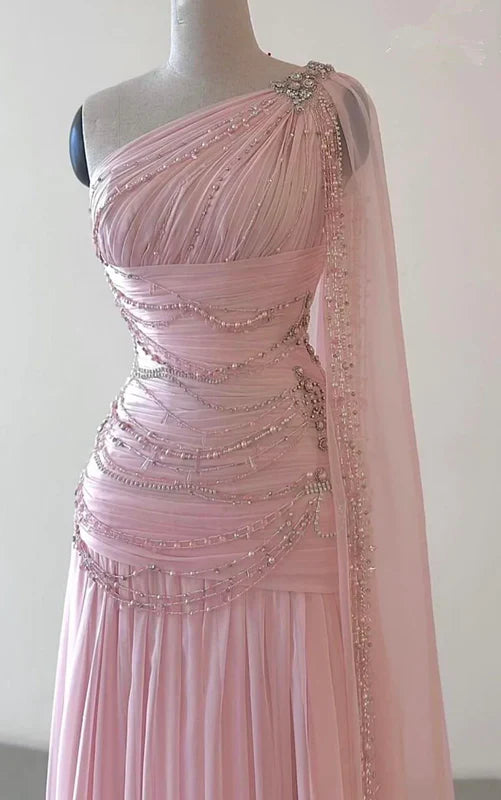 Vintage Glittering Beaded One-shoulder Prom Dress Evening Dress TP4331