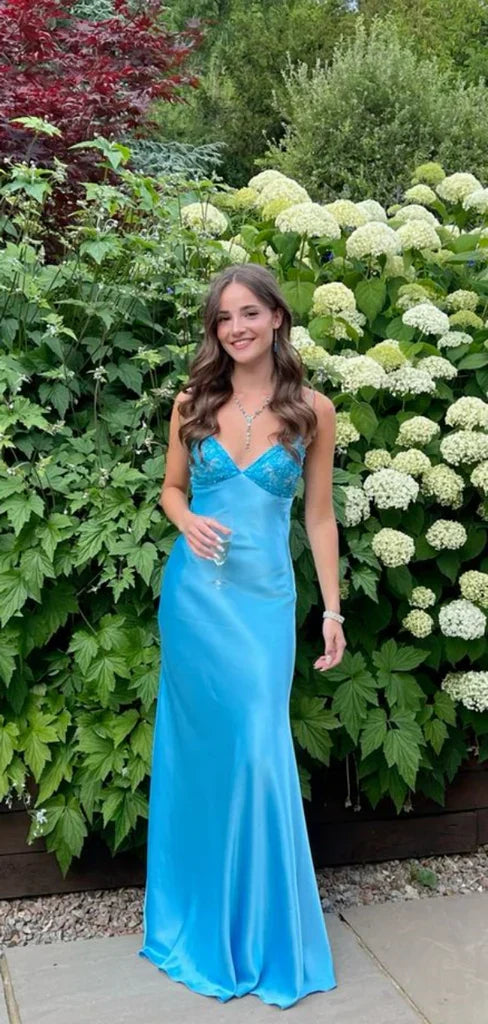 Enchanting Blue V-neck Spaghetti Strap Prom Dress Evening Dress TP4329
