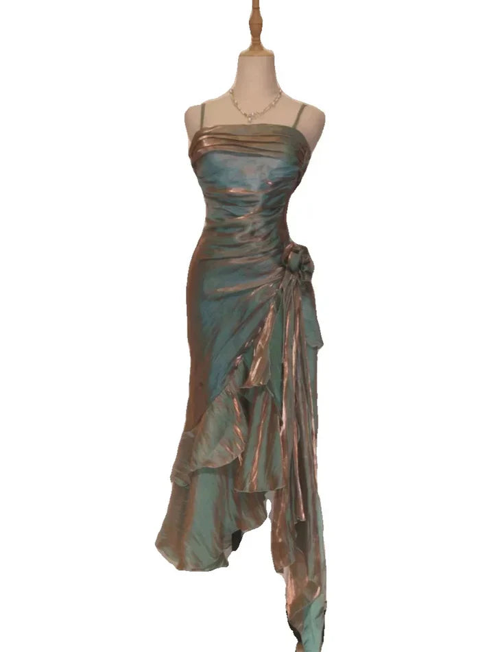 Vintage Elegant Spaghetti Strap Mermaid Ruffles Prom Dress Evening Dress TP4321
