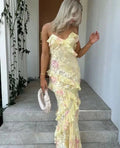 Vintage Floral Spaghetti Strap Ruffles Mermaid Chiffon Long Prom Dress Evening Dress TP4314