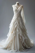 Vintage White V-neck Ruffle Design Beautiful A-Line Chiffon Wedding Dress TP4096