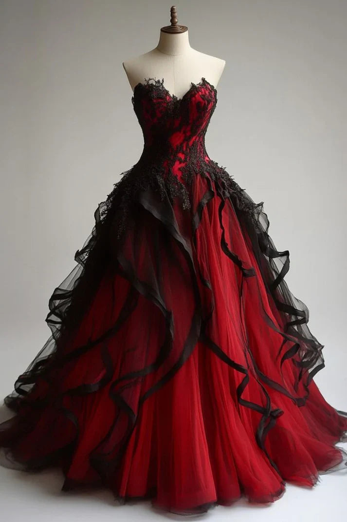 Gorgeous Burgundy Sweetheart Strapless Applique Tulle A-Line Prom Dress Evening Dress TP4312