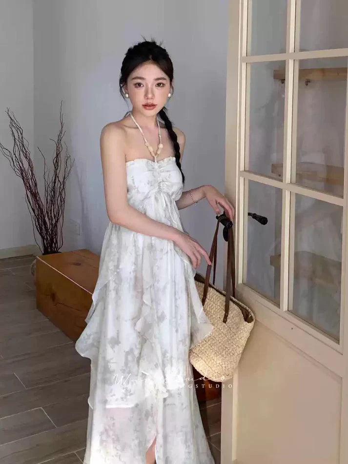 Floral Ruffle Design Halter Dress Elegant A-line Chiffon Evening Party Dress TP4113