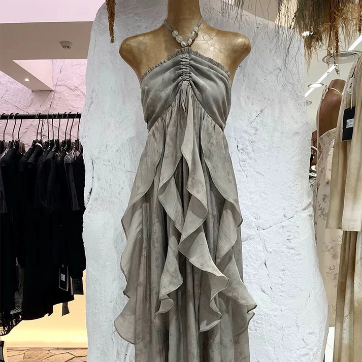 Floral Ruffle Design Halter Dress Elegant A-line Chiffon Evening Party Dress TP4113