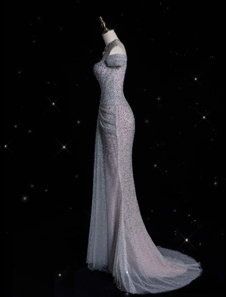 Gorgeous Mermaid Off Shoulder Sequined Long Ball Gown Formal Evening Gown Wedding Dress gh4380