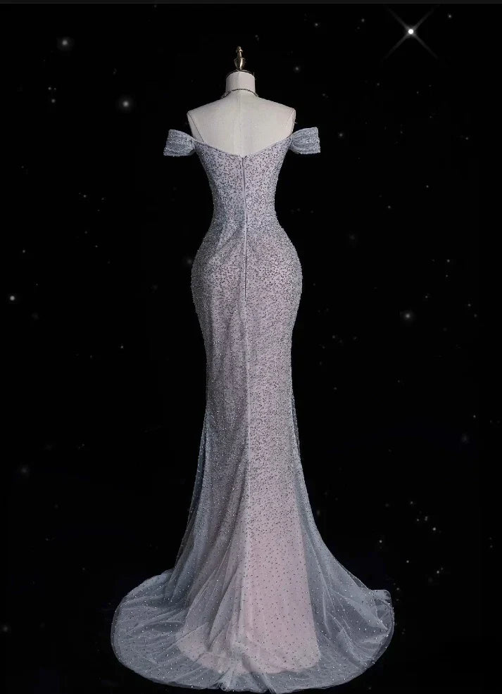 Gorgeous Mermaid Off Shoulder Sequined Long Ball Gown Formal Evening Gown Wedding Dress gh4380