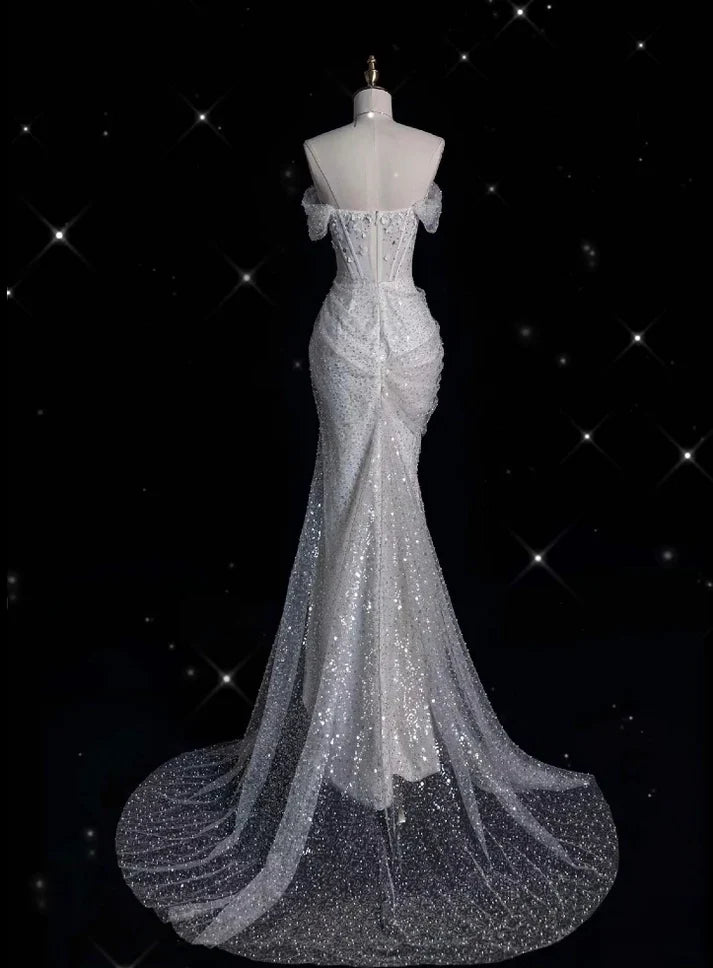 Elegant Sparkling Sequin Mermaid Design Off-the-shoulder Princess Wedding Dress TP4100