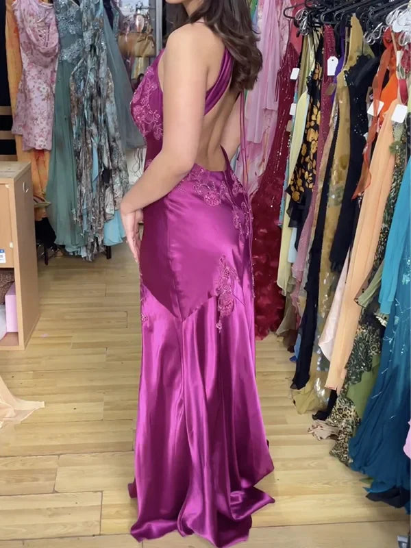 Enchanting V-neck Embroidery Spaghetti Strap Satin Mermaid Prom Dress Evening Dress TP4325