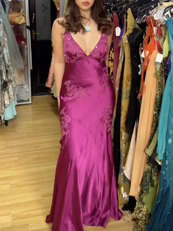 Enchanting V-neck Embroidery Spaghetti Strap Satin Mermaid Prom Dress Evening Dress TP4325