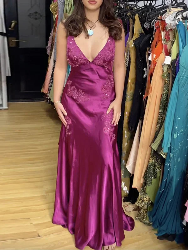 Enchanting V-neck Embroidery Spaghetti Strap Satin Mermaid Prom Dress Evening Dress TP4325