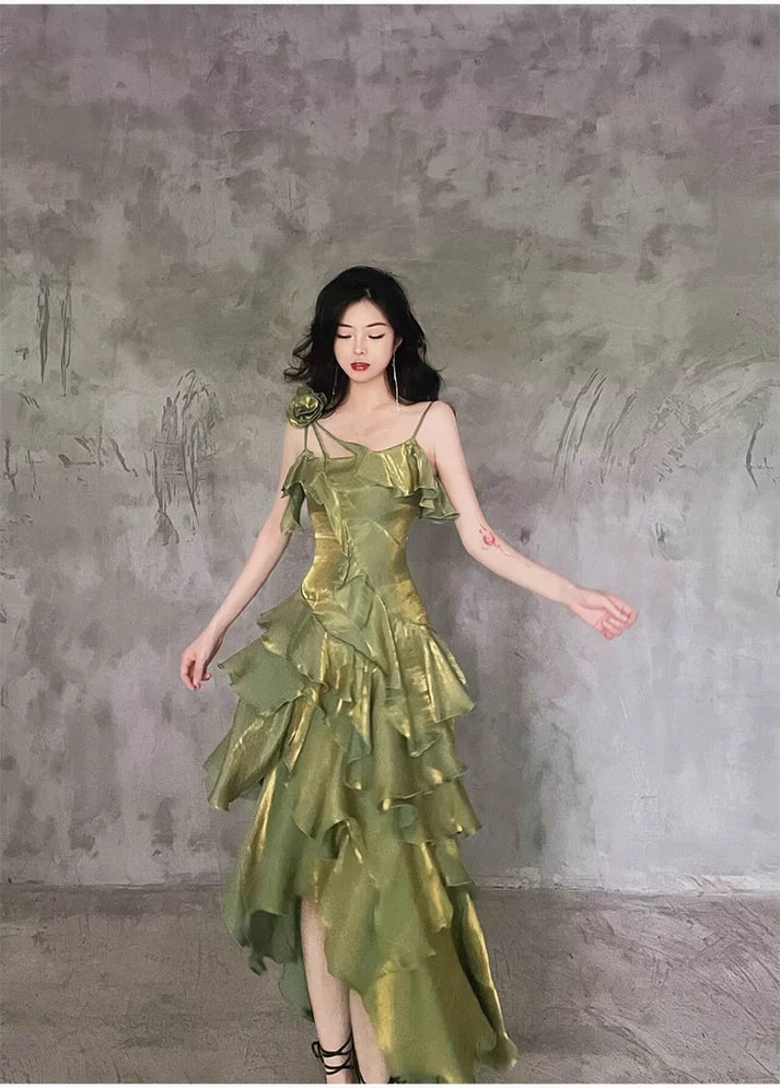 Retro Spaghetti Strap Irregular Ruffled Detachable Rose Design Elegant Satin Evening Dress Prom Dress TP4105
