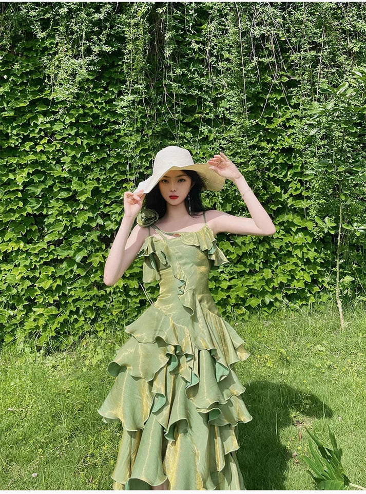 Retro Spaghetti Strap Irregular Ruffled Detachable Rose Design Elegant Satin Evening Dress Prom Dress TP4105