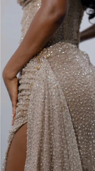 Enchanting Shiny Champagne Beaded Strapless Slit Prom Dress Evening Dress TP4330