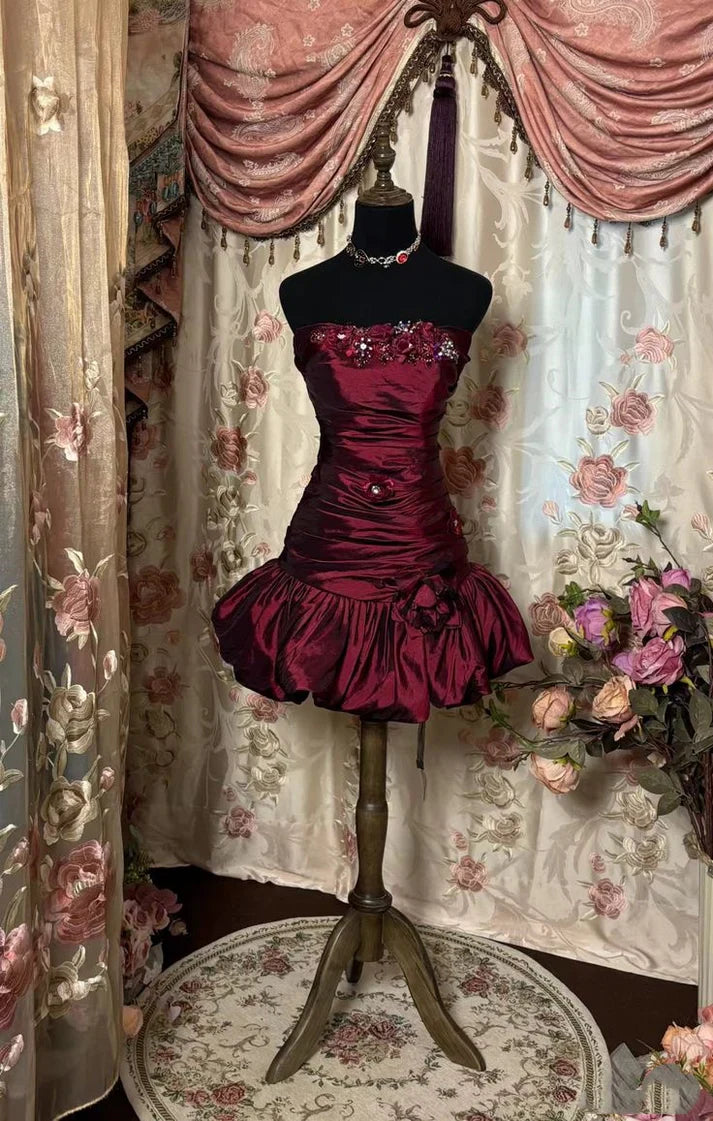 Vintage Burgundy Sheath Strapless 16th Birthday Dress Party Dresses Homecoming Dress TP4035
