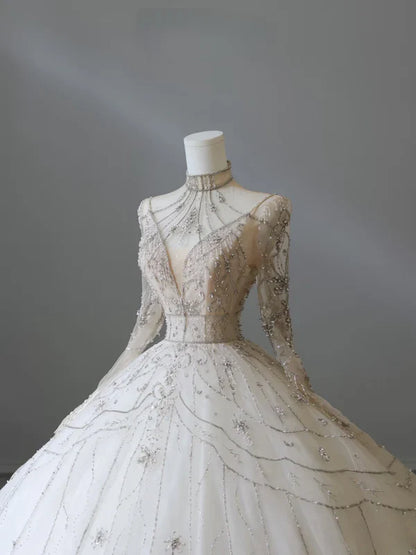 Ivory White Beaded Fashion Long Train Tulle Ball Gown Wedding Dress gh4952