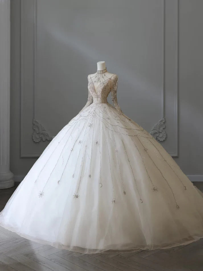 Vintage Sparkling Beaded Ball Gown Design A-Line Long-sleeved Princess Wedding Dress TP4102