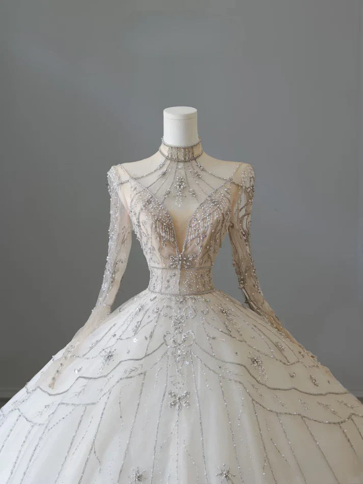 Vintage Sparkling Beaded Ball Gown Design A-Line Long-sleeved Princess Wedding Dress TP4102