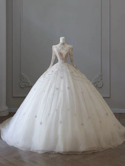 Ivory White Beaded Fashion Long Train Tulle Ball Gown Wedding Dress gh4952