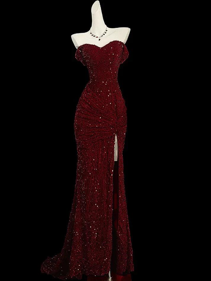 Enchanting Shiny Sequin Sweetheart Off-the-shoulder Mermaid Floor-length High Slit Prom Dress Evening Dress TP4317