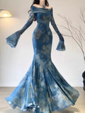 Vintage Blue Off-the-shoulder Floral Design Elegant Mermaid Chiffon Evening Dress Prom Dress TP4116