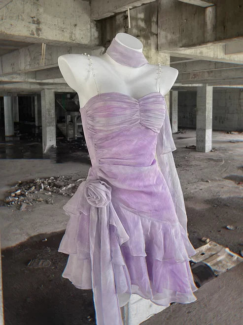 Retro Light Purple A-line Spaghetti Strap Short Lilac Homecoming Dress 17th Birthday Dress TP4036