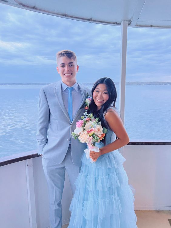 Light Blue Layered Tulle Long Prom Dress Elegant Graduation Gown