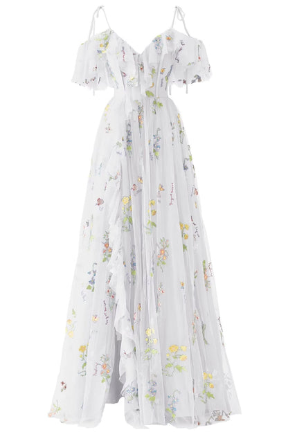 Tulle A-Line V-Neck Off-Shoulder Floral Prom Party Dress