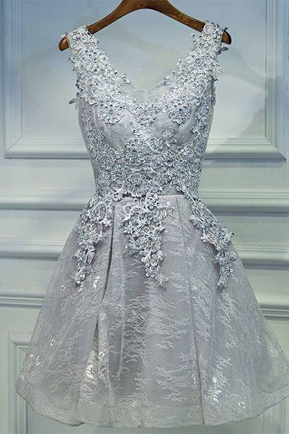 Grey V Neck Flower Straps Beaded Appliques Mini Formal Dress