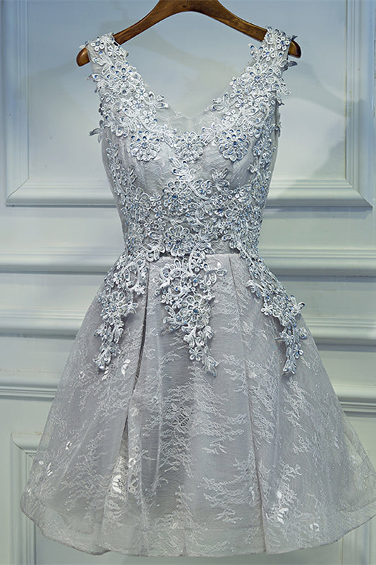 Grey V Neck Flower Straps Beaded Appliques Mini Formal Dress