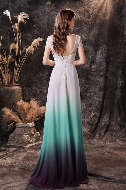Cap Sleeves Ombre Color Chiffon Long Bridesmaid Dress