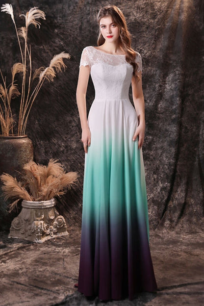 Cap Sleeves Ombre Color Chiffon Long Bridesmaid Dress