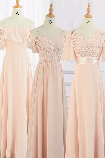 Peach Chiffon Long Mismatched Bridesmaid Dresses