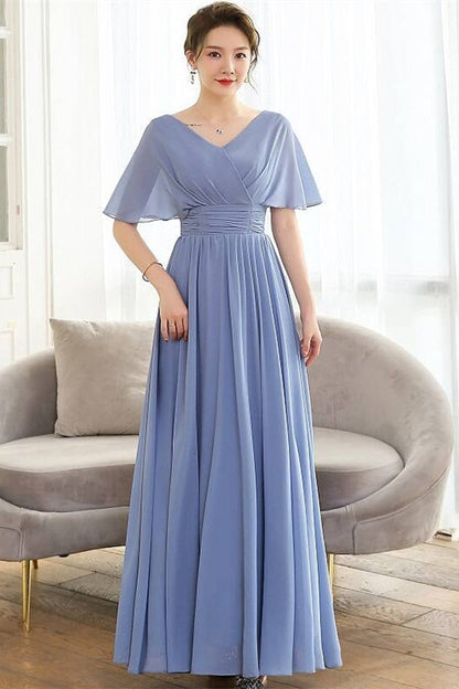 Blue Long Bridesmaid Dress with Flutter Sleeves